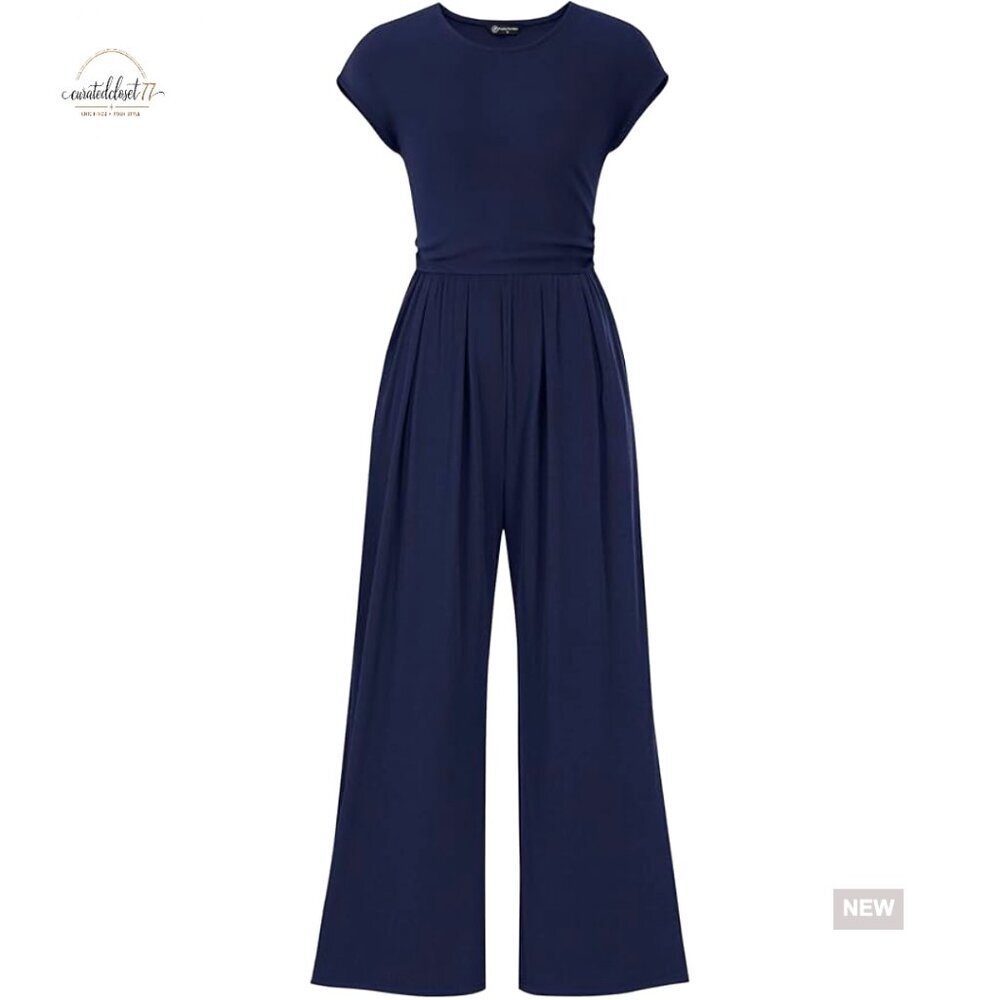 Ribbed Knit Wide Leg Jumpsuit, Cap Sleeve, Elastic Waist, Side Pockets